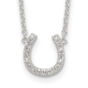 925 Sterling Silver CZ Equestrian Fine Jewelry Horseshoe w/ 1 inch ext Necklace